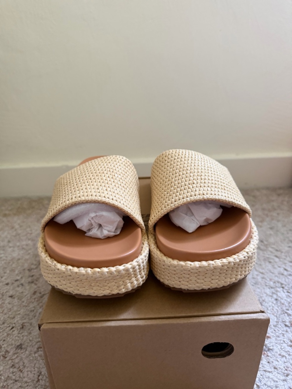 Raffia Woven Platform Slide Sandals | Boho Neutral Summer Beach Slides Size 9 - Picture 2 of 6